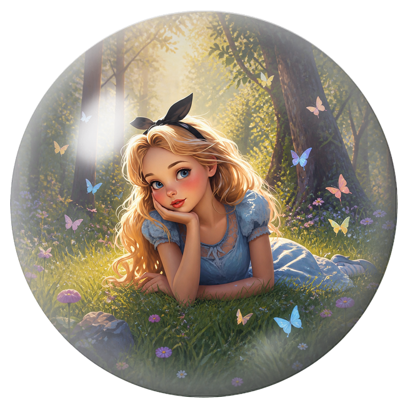 Cabochon en Verre Illustré Alice Rêveuse dans la Clairière aux Papillons 12 à 25mm