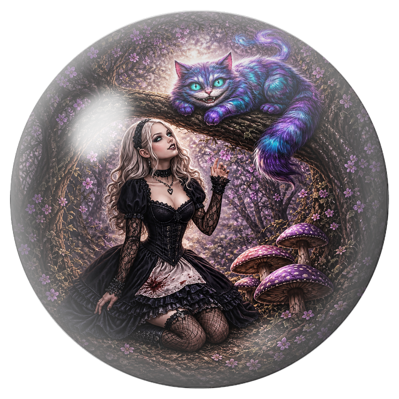 Cabochon en Verre Illustré Alice Gothique sous le Chat du Cheshire 12 à 25mm