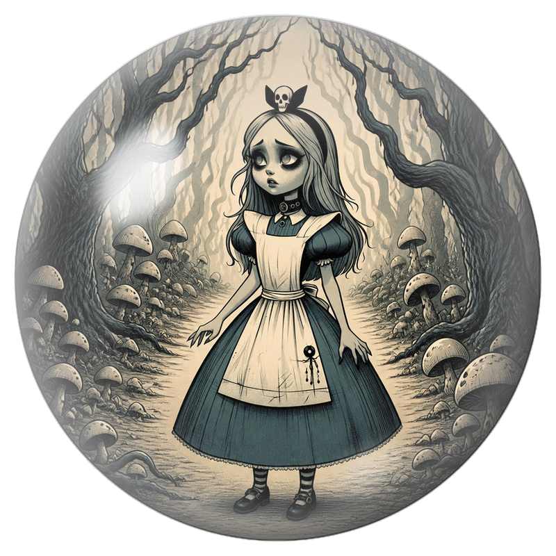 Cabochon en Verre Illustré Alice Inquiète dans la Forêt de Champignons 12 à 25mm