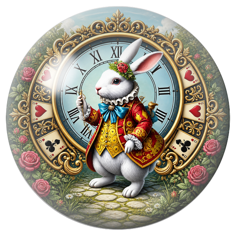 Cabochon en Verre Illustré Lapin Blanc devant l’Horloge Royale 12 à 25mm