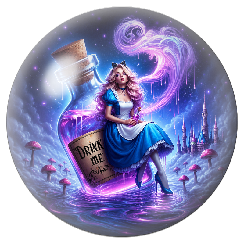 Cabochon en Verre Illustré Alice sur la Fiole Drink Me 12 à 25mm