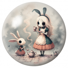 Cabochon en Verre Illustré Alice Sombre au Thé avec le Lapin 12 à 25mm pour la Création de Bijoux Fantaisie - DIY