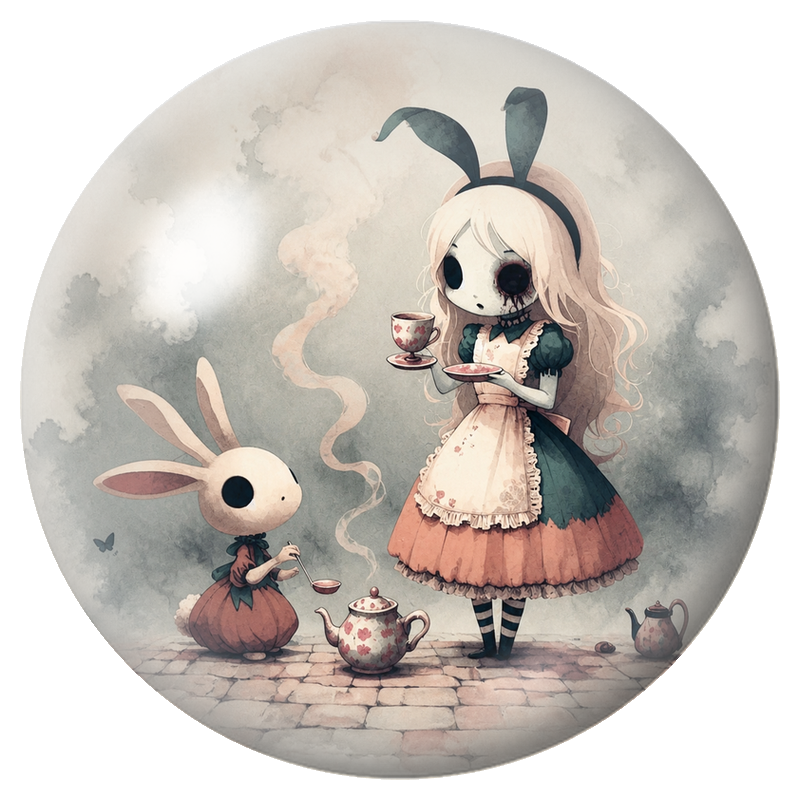Cabochon en Verre Illustré Alice Sombre au Thé avec le Lapin 12 à 25mm