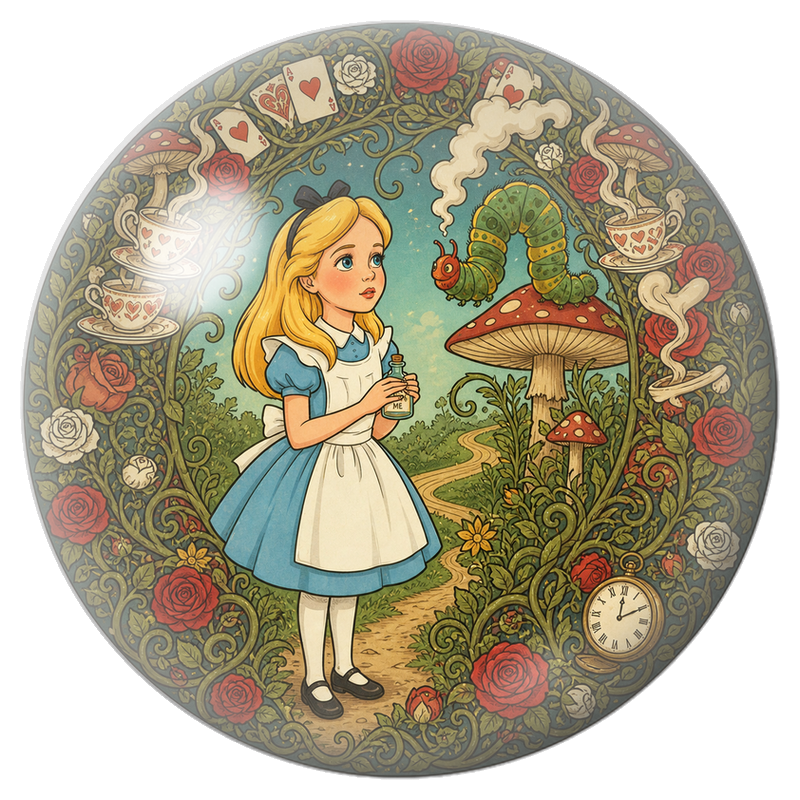 Cabochon en Verre Illustré Alice face à la Chenille sur le Champignon 12 à 25mm