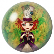 Cabochon en Verre Illustré Chapelière Rousse au Thé sur Fond Vert 12 à 25mm pour la Création de Bijoux Fantaisie - DIY