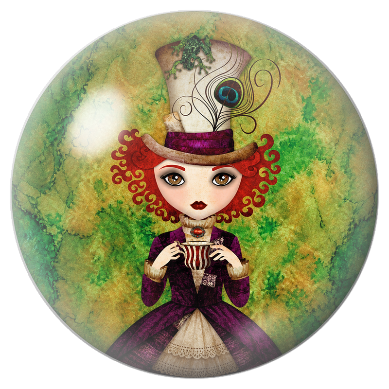 Cabochon en Verre Illustré Chapelière Rousse au Thé sur Fond Vert 12 à 25mm