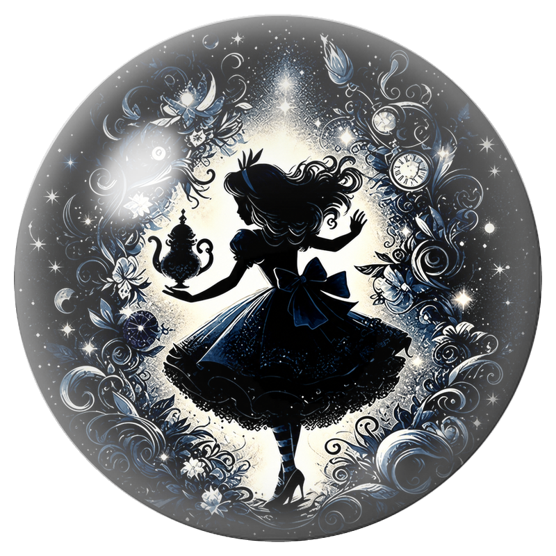Cabochon en Verre Illustré Silhouette d’Alice à la Théière Nocturne 12 à 25mm