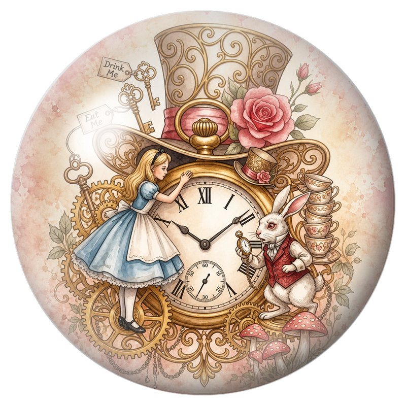 Cabochon en Verre Illustré Alice et le Lapin Blanc dans les Rouages 12 à 25mm