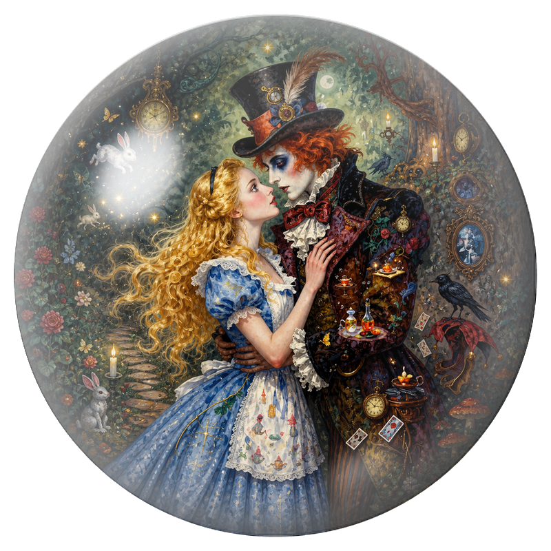 Cabochon en Verre Illustré Alice et le Chapelier dans la Forêt des Horloges 12 à 25mm