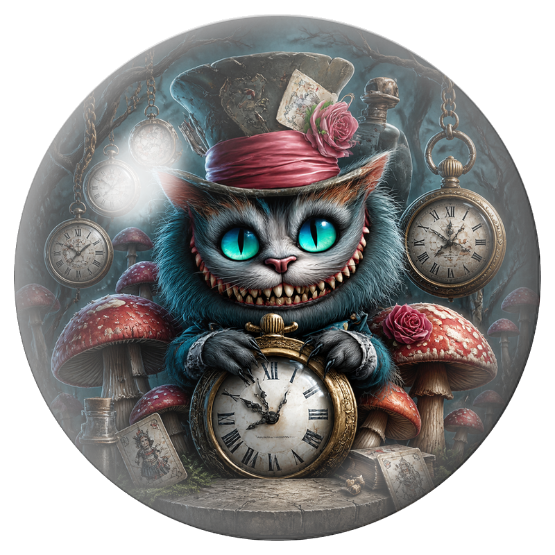 Cabochon en Verre Illustré Chat du Cheshire aux Horloges et Champignons 12 à 25mm