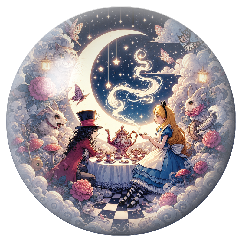Cabochon en Verre Illustré Goûter d’Alice sous le Croissant de Lune 12 à 25mm