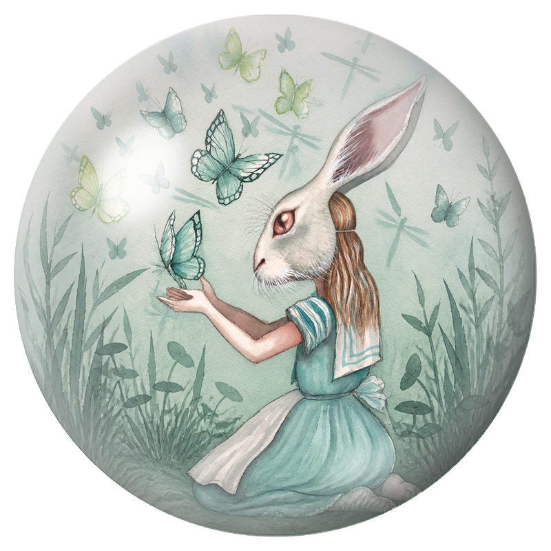 Cabochon en Verre Illustré Alice Lapine aux Papillons 12 à 25mm