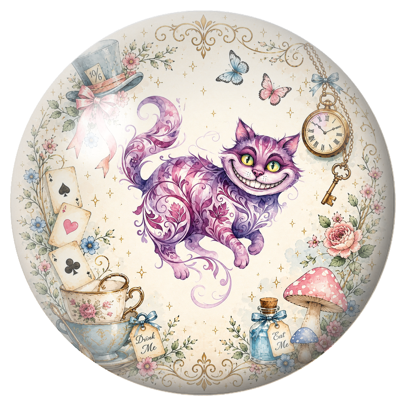 Cabochon en Verre Illustré Chat du Cheshire Fleuri aux Souvenirs d’Alice 12 à 25mm