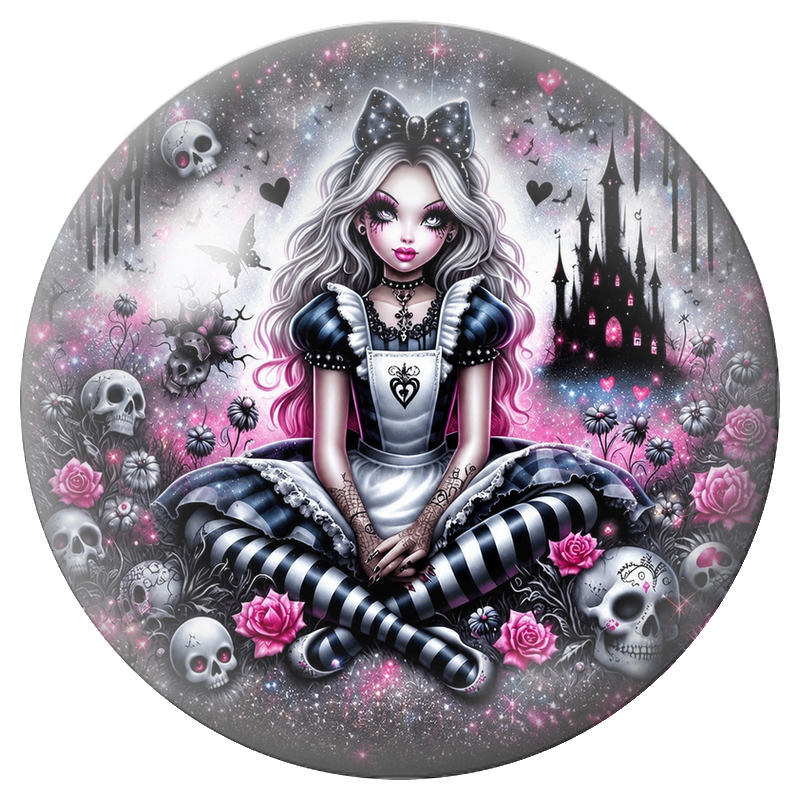 Cabochon en Verre Illustré Alice Gothique au Jardin des Crânes 12 à 25mm