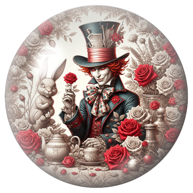 Cabochon en Verre Illustré Chapelier aux Roses Rouges et au Lapin 12 à 25mm