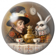 Cabochon en Verre Illustré Chapelier et Lapin Blanc au Samovar 12 à 25mm pour la Création de Bijoux Fantaisie - DIY