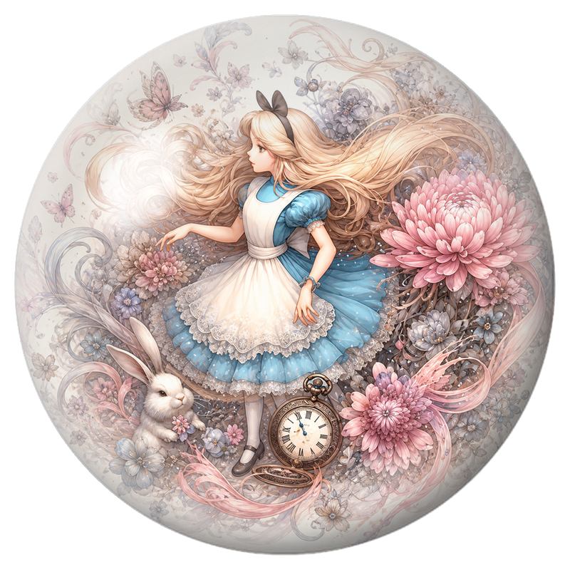 Cabochon en Verre Illustré Alice parmi les Chrysanthèmes Pastel 12 à 25mm