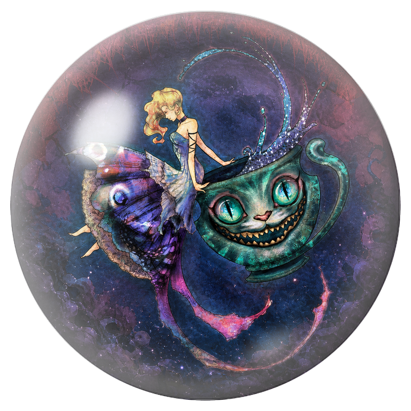 Cabochon en Verre Illustré Alice Sirène et le Chat Tasse 12 à 25mm