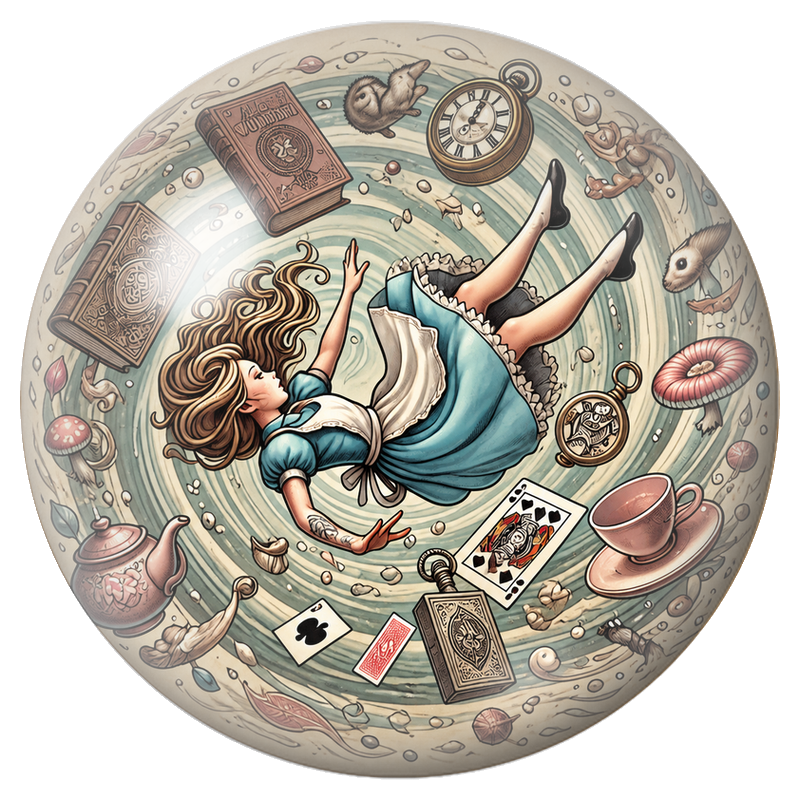 Cabochon en Verre Illustré Chute d’Alice dans le Tourbillon du Temps 12 à 25mm