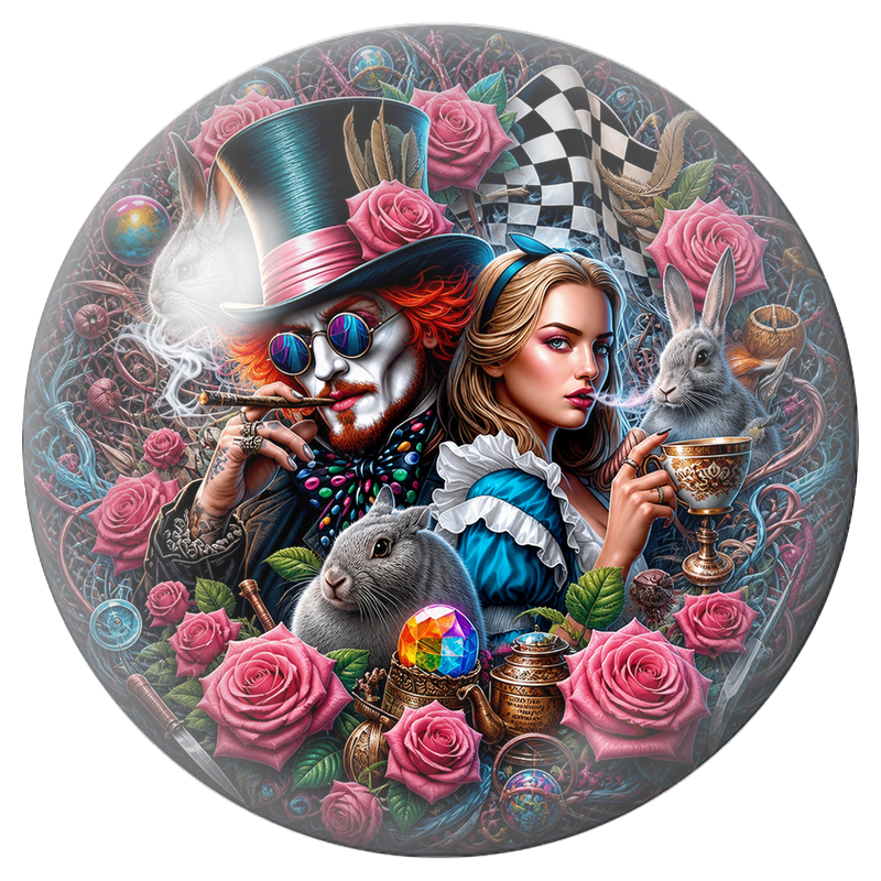 Cabochon en Verre Illustré Alice et le Chapelier aux Lapins et Roses 12 à 25mm
