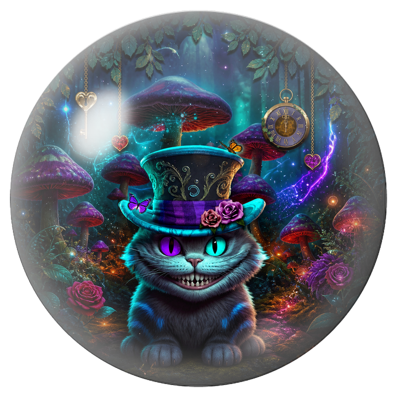 Cabochon en Verre Illustré Chat du Cheshire au Haut-de-Forme dans la Forêt 12 à 25mm