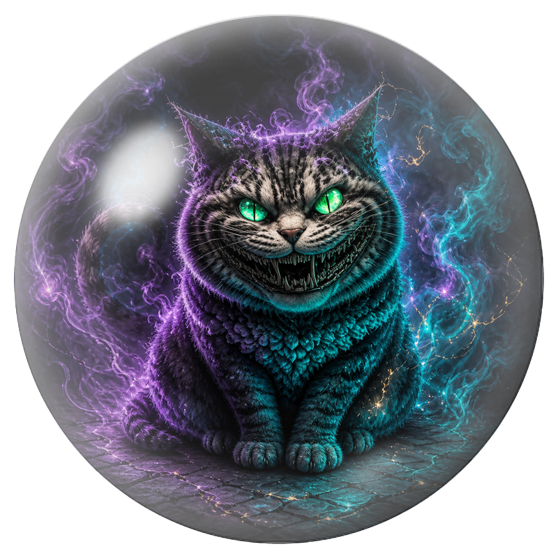 Cabochon en Verre Illustré Chat du Cheshire aux Yeux Verts dans les Fumées 12 à 25mm