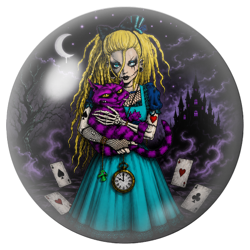 Cabochon en Verre Illustré Alice Gothique au Chat du Cheshire Violet 12 à 25mm