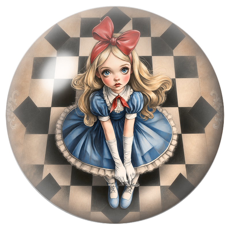 Cabochon en Verre Illustré Alice au Grand Nœud Rouge sur le Damier 12 à 25mm