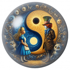 Cabochon en Verre Illustré Alice et le Chapelier devant le Yin Yang 12 à 25mm pour la Création de Bijoux Fantaisie - DIY