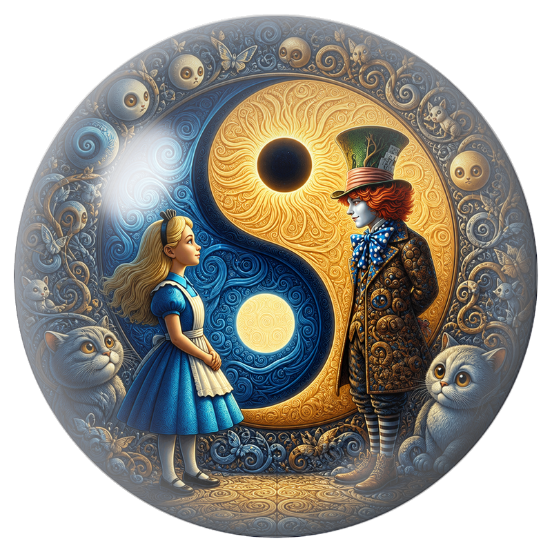 Cabochon en Verre Illustré Alice et le Chapelier devant le Yin Yang 12 à 25mm