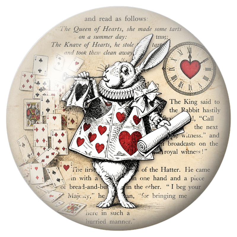 Cabochon en Verre Illustré Lapin Blanc Trompettiste sur Page Ancienne 12 à 25mm