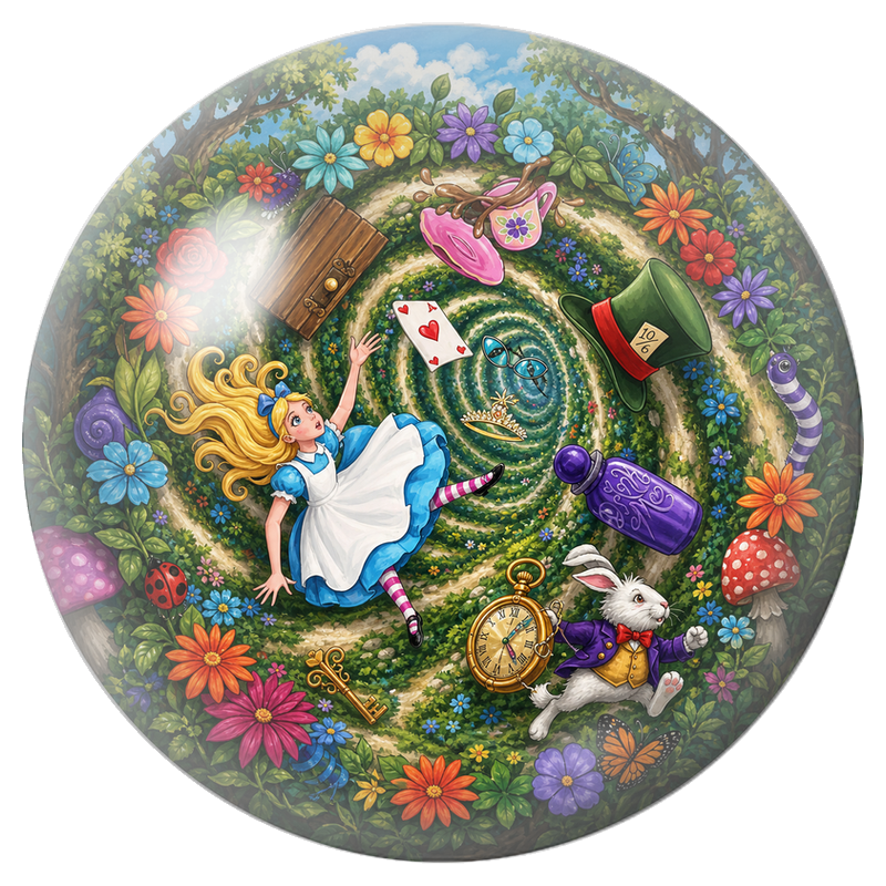 Cabochon en Verre Illustré Chute d’Alice dans le Labyrinthe Fleuri 12 à 25mm
