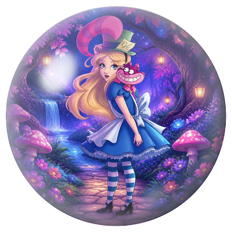 Cabochon en Verre Illustré Alice au Chapeau du Chapelier et au Chat Rose 12 à 25mm