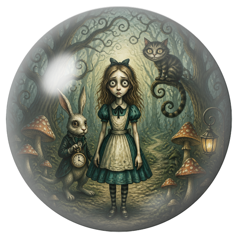 Cabochon en Verre Illustré Alice Perdue avec le Lapin et le Chat 12 à 25mm