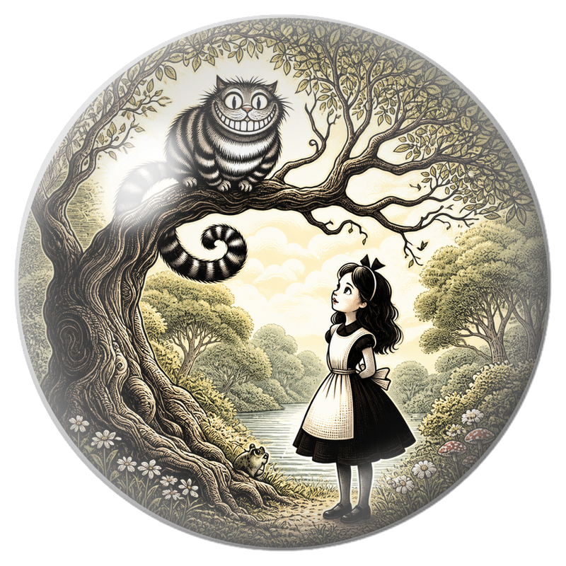 Cabochon en Verre Illustré Alice sous le Chat du Cheshire en Gravure 12 à 25mm