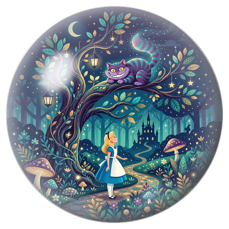 Cabochon en Verre Illustré Alice sur le Chemin du Chat du Cheshire 12 à 25mm