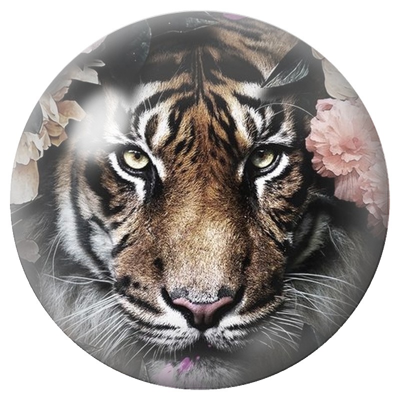 Cabochon en Verre Illustré Tigre aux Fleurs Blanches et Roses 12 à 25mm