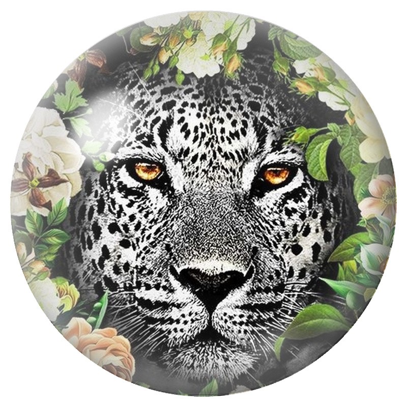 Cabochon en Verre Illustré Léopard Blanc aux Fleurs 12 à 25mm