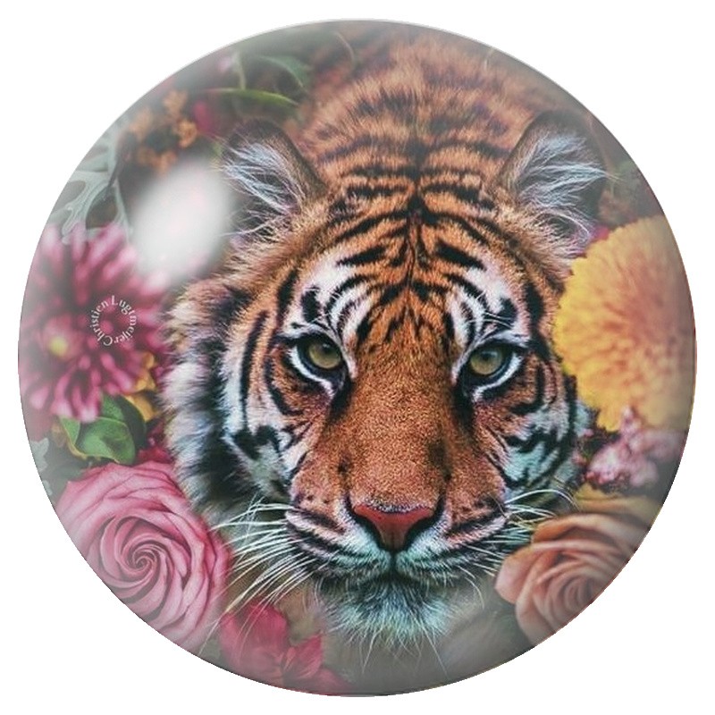 Cabochon en Verre Illustré Tigre aux Fleurs Roses 12 à 25mm