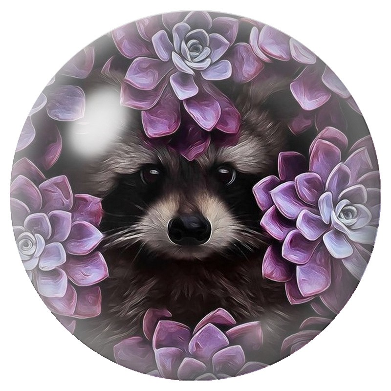 Cabochon en Verre Illustré Raton Laveur aux Fleurs Violettes 12 à 25mm