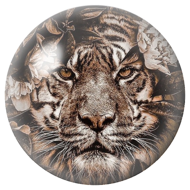 Cabochon en Verre Illustré Tigre aux Fleurs Beiges 12 à 25mm
