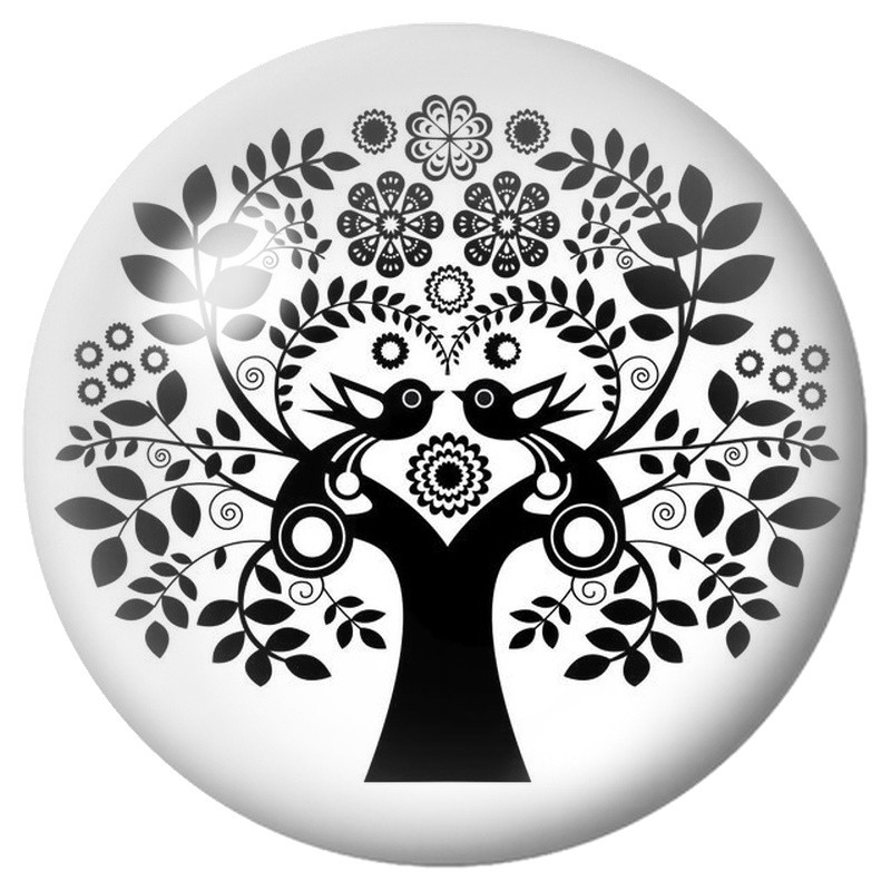 Cabochon en Verre Illustré Arbre Hibou Noir et Blanc 12 à 25mm