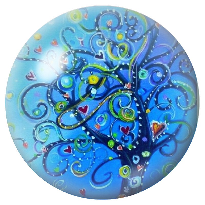 Cabochon en Verre Illustré Arbre Bleu aux Oiseaux et Cœurs 12 à 25mm
