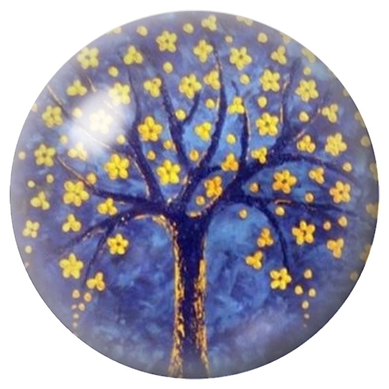 Cabochon en Verre Illustré Arbre aux Fleurs Dorées 12 à 25mm