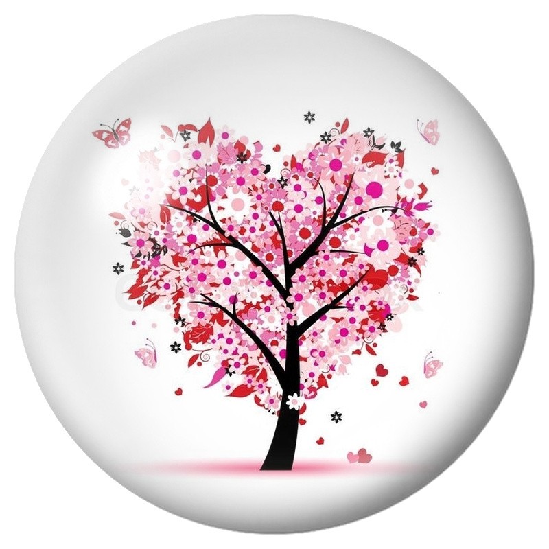 Cabochon en Verre Illustré Arbre aux Fleurs Roses Dispersées 12 à 25mm
