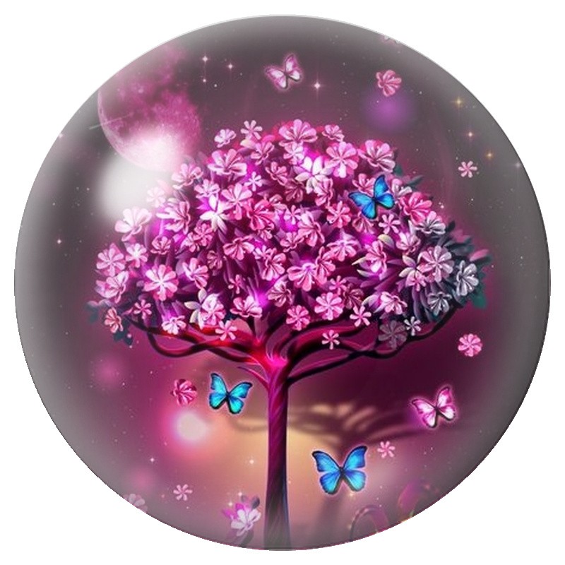 Cabochon en Verre Illustré Arbre Rose aux Papillons Lumineux 12 à 25mm