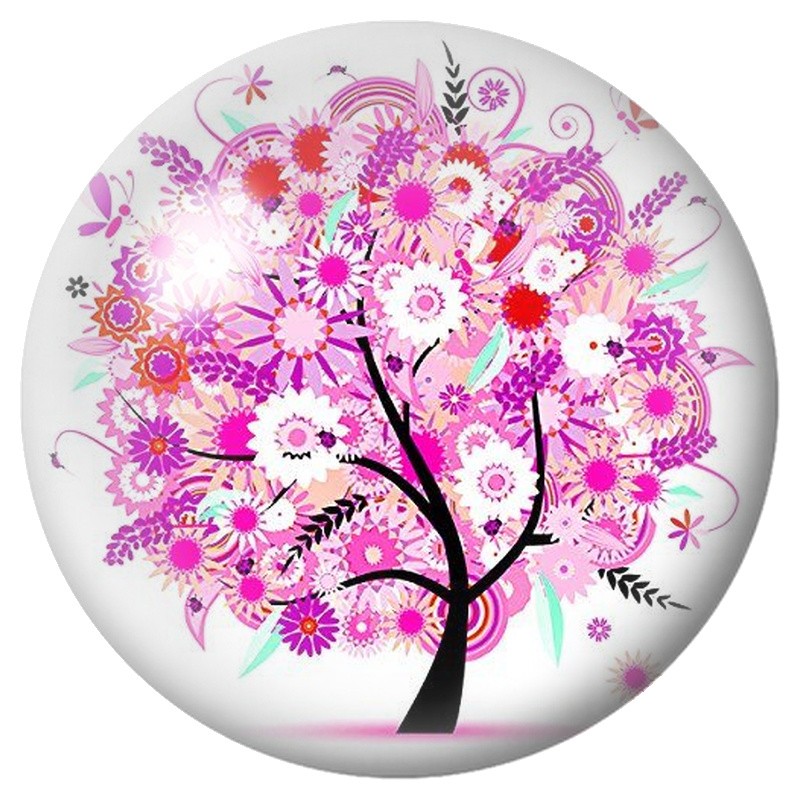 Cabochon en Verre Illustré Arbre aux Fleurs Roses 12 à 25mm