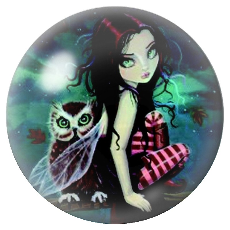 Cabochon en Verre Illustré Fille Gothique avec son Hibou 12 à 25mm