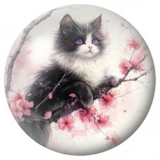 Cabochon en Verre Illustré Chat Noir et Blanc aux Fleurs 12 à 25mm pour la Création de Bijoux Fantaisie - DIY