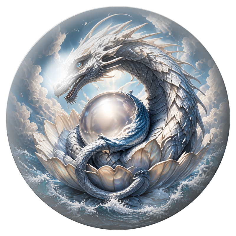 Cabochon en Verre Illustré Dragon Blanc et Perle de l’Océan 12 à 25mm